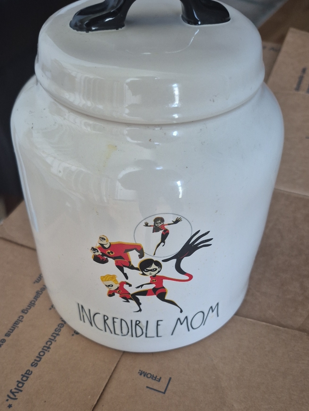 Rae Dunn White Ceramic "Incredible Mom" Cookie Jar with Black Lid Handle